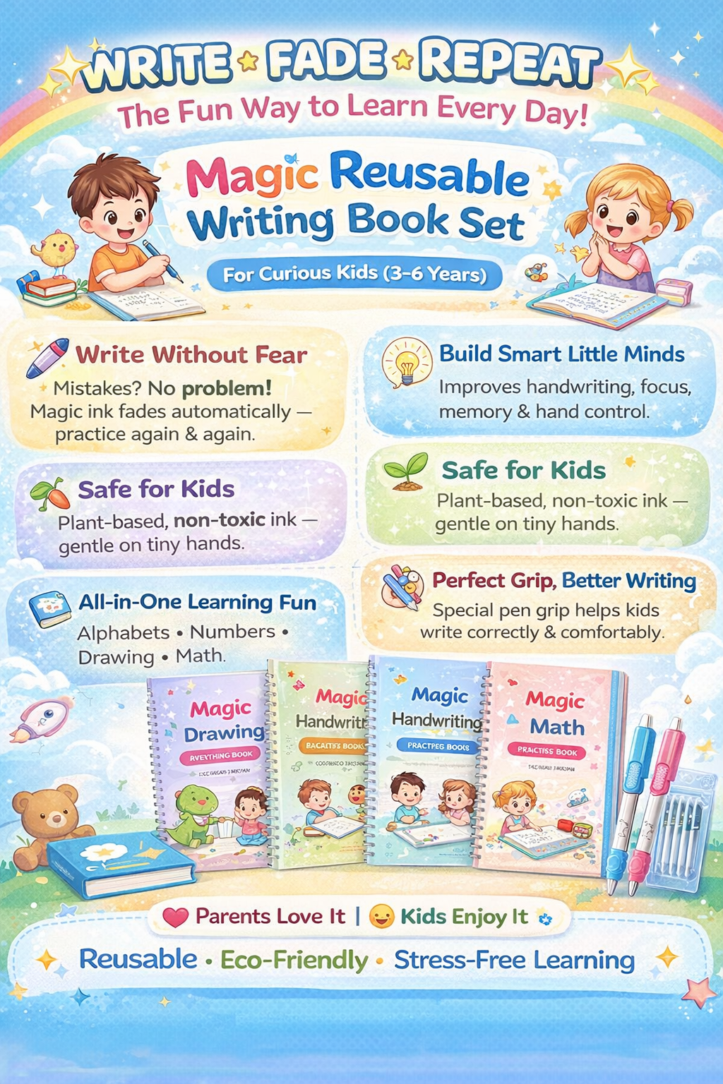 Magic Book Set of 2 ( 8 Book +20 Refill +2 Pen+2 Grip)